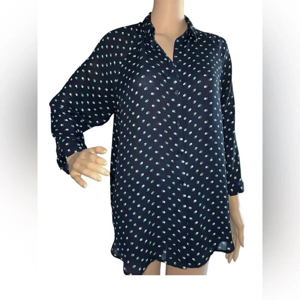 CAbi Navy Blue Green White polka dots 3/4 Sleeve Button-Down Tunic
